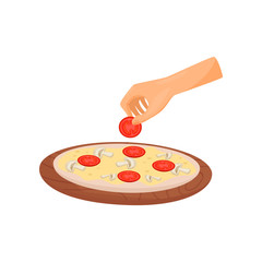 Hand cookong pizza with tomatoes and mushrooms vector Illustration on a white background