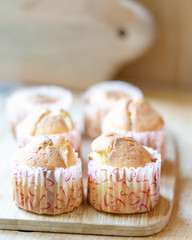 Cheese muffins or cupcakes on light wooden texture. Daylight. Selective focus.