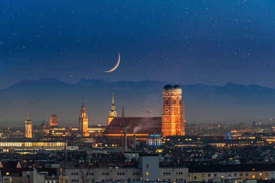 Munich Skyline Aerial View At Night View Of Old Town And City At Night.