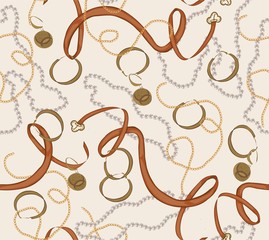 seamless pattern with gold chain, belt and pearls.vector illustration