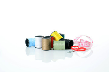 sewing items for sewing clothes isolated on white background with copy space