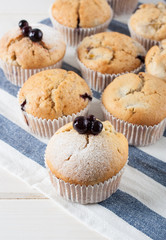 Muffins with black currant on a light background