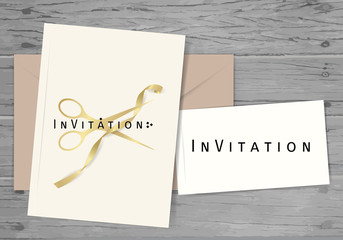 Paper with text Invitation. Colorful vintage banner with scissors and ribbon. Vector Illustration