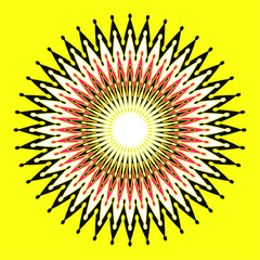 graphic sun with concentric spikes rings yellow red black