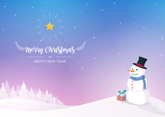 Merry Christmas and Happy New Year inscription decorated with a snowman, snowflakes, and gift box on the winter background. Vector illustration.