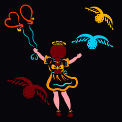 Little princess flying in balloons and three birds, a childhood dream