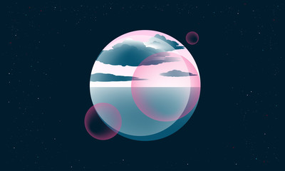 ocean planet with clouds floating into space in pink blue