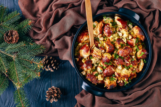 Tasty Savory Bread Stuffing, Flat Lay, Close-up