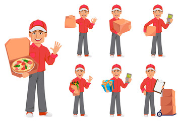 Courier man in red uniform. Handsome delivery man