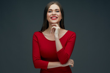 woman in red dress with smile and healthy teeth - obrazy, fototapety, plakaty