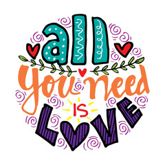 All You Need Is Love hand lettering. Motivational quote.