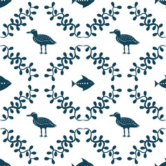 Sea gull, fish and floral water plant simple styling print. Two color. Print for kids t-shirt and sea style souvenirs. Seamless pattern white background