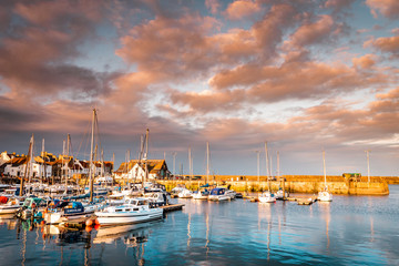 Vacation in Scotland with picturesque sunset in the small fishing village Anstruther on the...