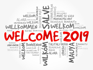 WELCOME 2019 word cloud in different languages, conceptual background