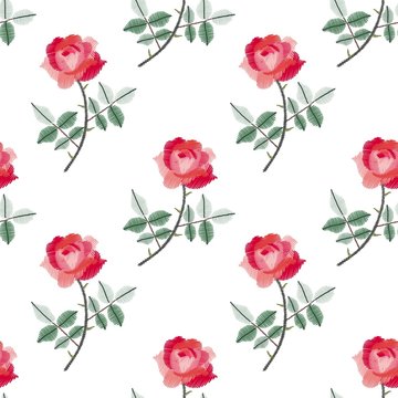 Embroidery seamless pattern with beautiful red roses on white background. Fashion print with flowers. Vector illustration.