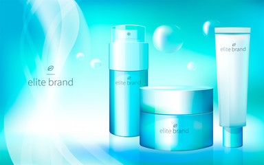 Bottles with cosmetics on a bright gentle background. Advertising cosmetic brand.
