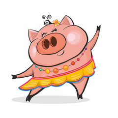 Сute merry dancing pig. cartoon character. Chinese New Year. The year of the pig. Vector illustration on white