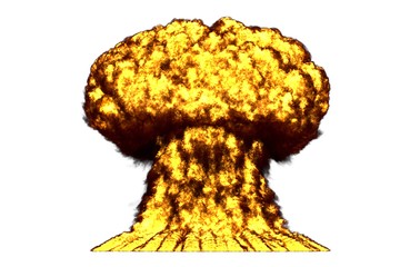 blast 3D illustration of big high detailed mushroom cloud explosion with fire and smoke looks like from atom bomb or any other big explosives isolated on white