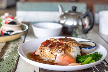 BBQ Roast Duck over Rice in Thai menu recipe