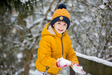 Cute little preschool boy, playing outdoors with snow on a winter day