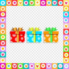 Cute festive colorful wrapped gift boxes inside of heart frame on transparent background.