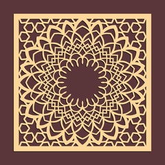 Laser cutting panel. Golden floral pattern. Gift or favor box silhouette ornament. Vector coaster design for metal, wood, paper work.