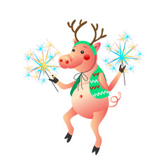 Dancing pig with sparklers isolated on the white