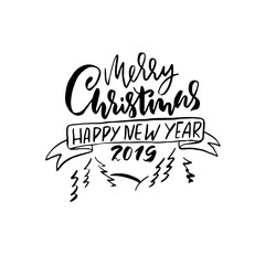 Merry Christmas and Happy New Year. Holiday modern dry brush ink lettering for greeting card. Vector illustration.