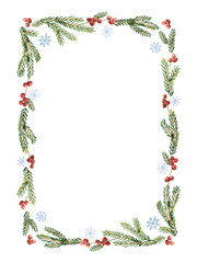 Watercolor vector Christmas frame with snowflakes, berries and fir branches.
