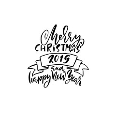 Merry Christmas and Happy New Year. Holiday modern dry brush ink lettering for greeting card. Vector illustration.