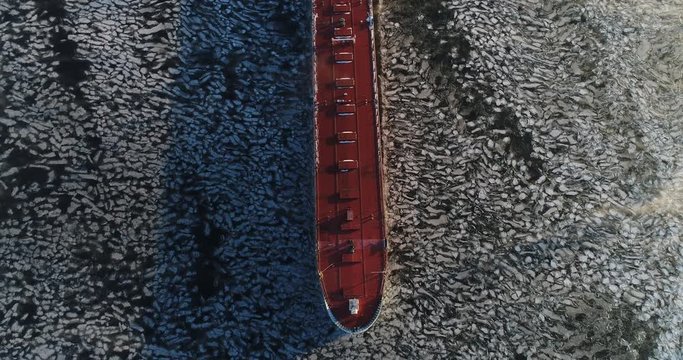 Aerial View of Cargo Ship in Frozen Sea
