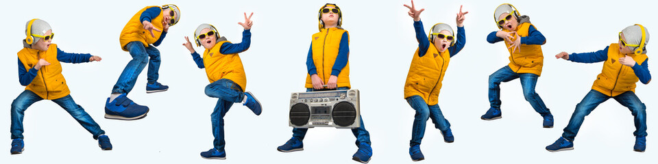 Boy dancing Hip-Hop . Children's fashion.The Young Rapper.Cool rap DJ.A collage of photos.