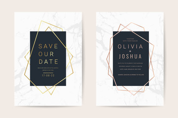 Wedding invitations and card template with Luxurious gold marble texture and geometric shape pattern background vector design template