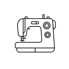 Black & white illustration of sewing machine. Vector line icon. Isolated object