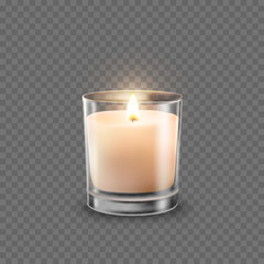 Candle in glass jar with burning flame light isolated on transparent background. Vector 3D realistic wax candlelight element design.