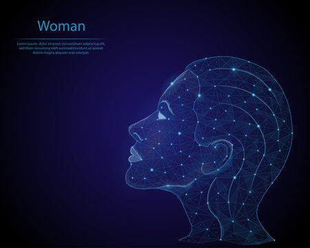 Abstract image of a Girl in the form of a starry sky or space, consisting of points, lines, and shapes in the form of planets, stars and the universe. Low poly vector background.