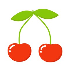 Red cherry vector icon. Cherry closeup. Red cherry isolated on white background