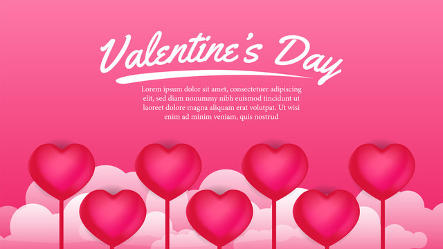 Happy Valentine Day banner template with 3D hearth shape balloon with mist or cloud. vector illustration
