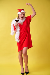 Beautiful happy woman in santa claus hat with glass of wine. Birthday or New Year event celebrating concept