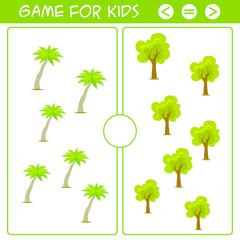 Education logic game for preschool kids.Cartoon trees. Choose the correct answer.