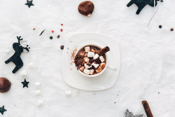 Hot cocoa with marshmallow on white background. Cozy holiday concept