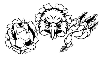 An eagle bird soccer football sports mascot cartoon character ripping through the background holding a ball
