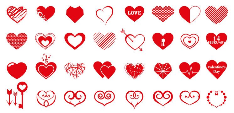 Vector set of red hearts. Drawings hearts of different shapes. Creative design hearts for Valentine’s Day and others.