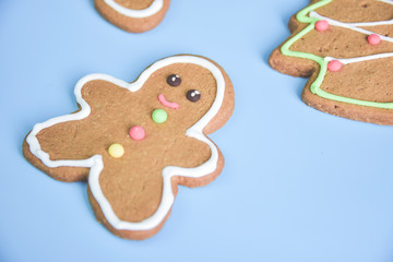 Christmas gingerbread cookies isolated on light blue pastel background