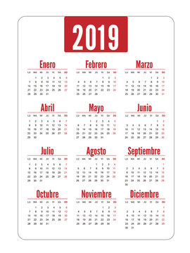 vertical calendar 2019 in Spanish. Week starts from Monday. Vector template pocket red calendar for business isolated on white background.