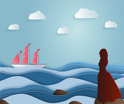 Girl escorts sailing ship on a long journey. Scarlet sails, Assol. Vector illustrations, paper art and digital crafts style. Vector illustrations