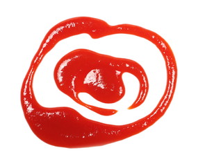 red ketchup splashes isolated on white background, tomato pure texture, top view