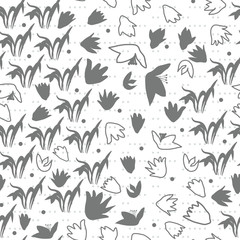 Obraz na płótnie Canvas Vector floral seamless pattern with hand drawn scilla or snowdrop flowers and leaves. Modern decorative background in pastel colors.