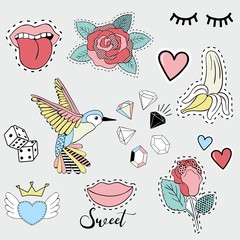 Vector illustration of fashion cute patches for girls. Embroidery, decor for clothes, badges, chevron, design elements for t shirt print isolated on grey background. 80s-90s comic style