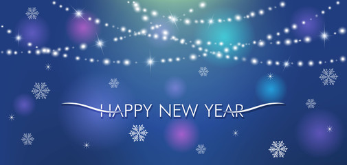 Naklejka na ściany i meble Happy New Year. Winter background with garland, stars, snowflakes and shine. New Year's congratulatory flyer.